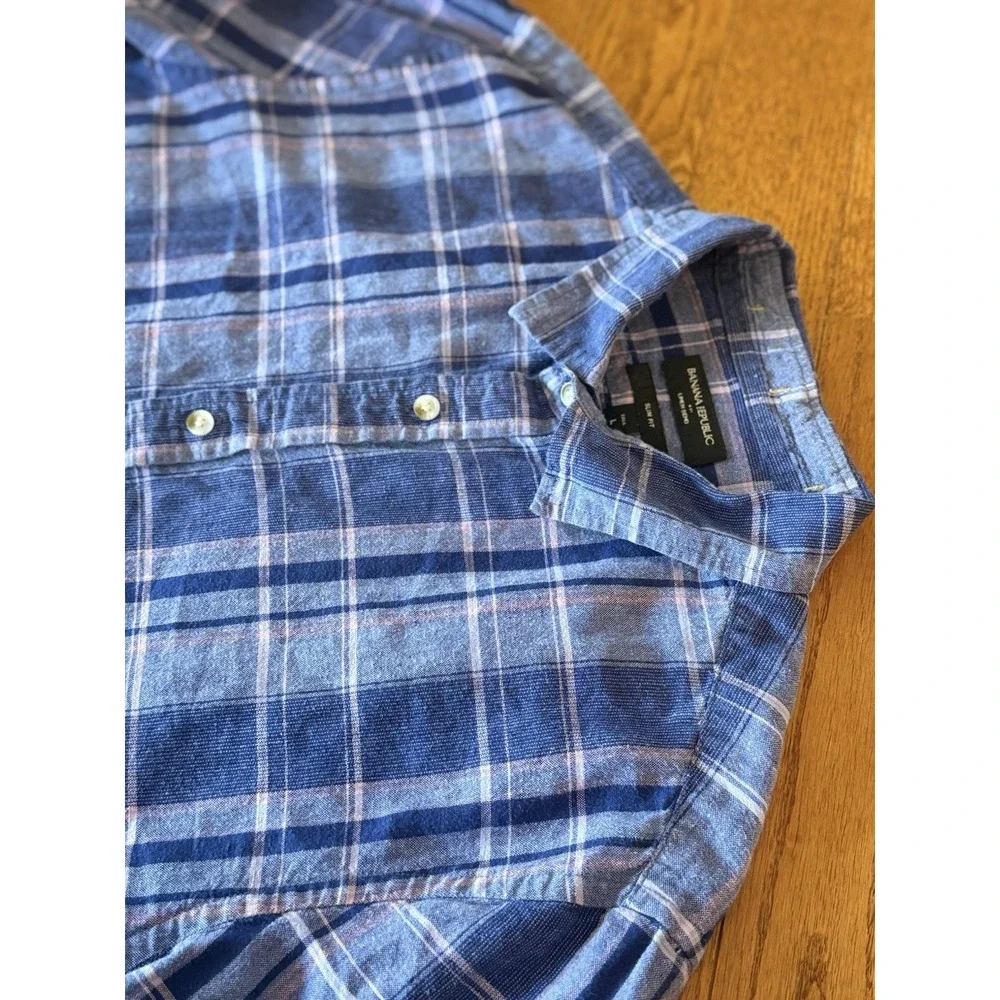 Banana Republic Linen Blend Shirt Men Large Tall Slim Fit Blue Plaid Long Sleeve